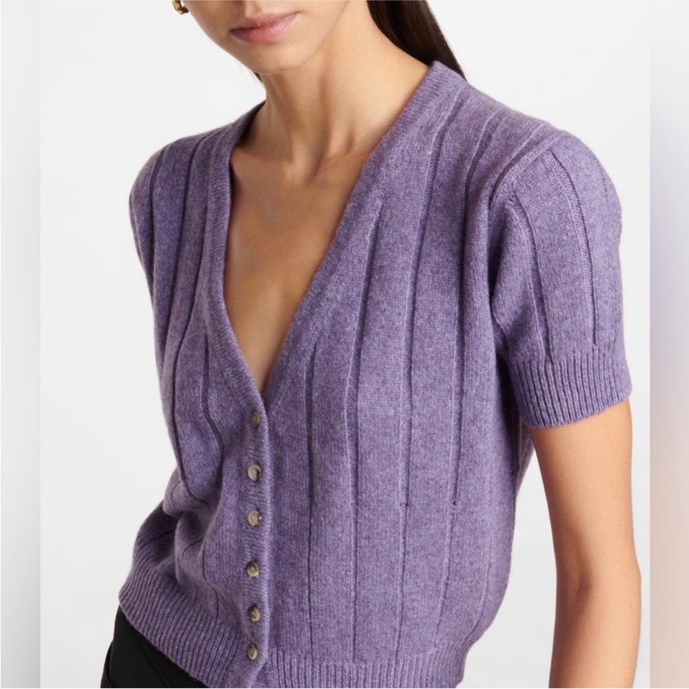Khaite Maryam Purple Cashmere Short Sleeve Cardigan Sweater with Puff Sleeves